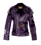 Purple Gothic Punk Jacket – Women’s Studded Leather with Lemmy, Vampira And Misfits Patches, Custom Heavy Metal Moto Fit